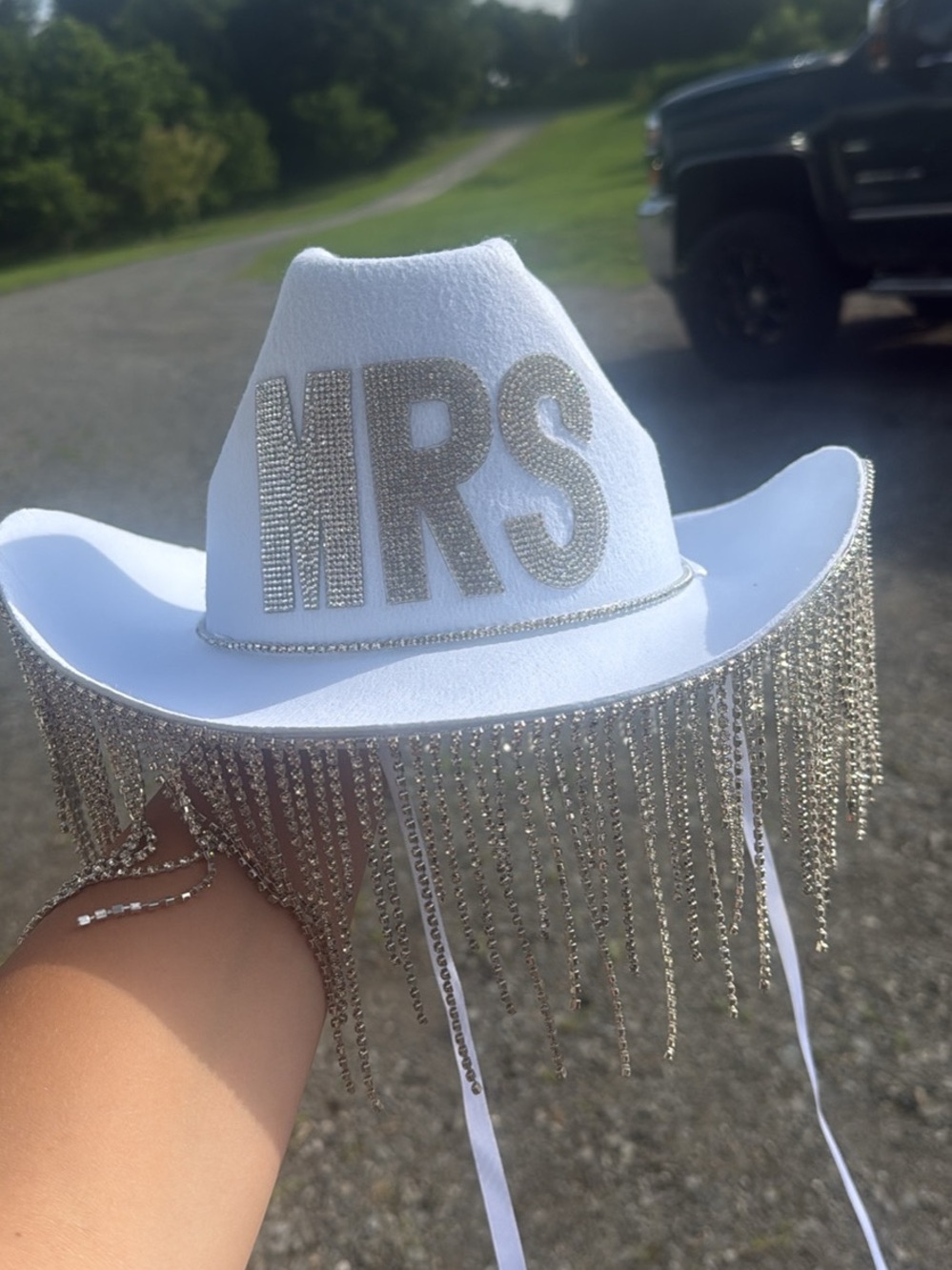 REVOLVE White Rhinestone 'MRS' Fringe Cowboy Hat